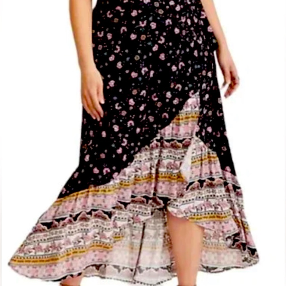 Torrid Black and Pink Asymmetrical Wrap Midi Skirt